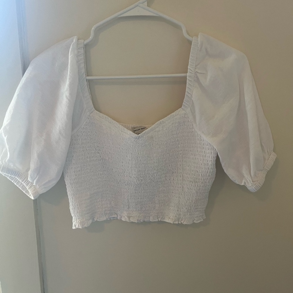 American Eagle White Puff Sleeve Smocked Top